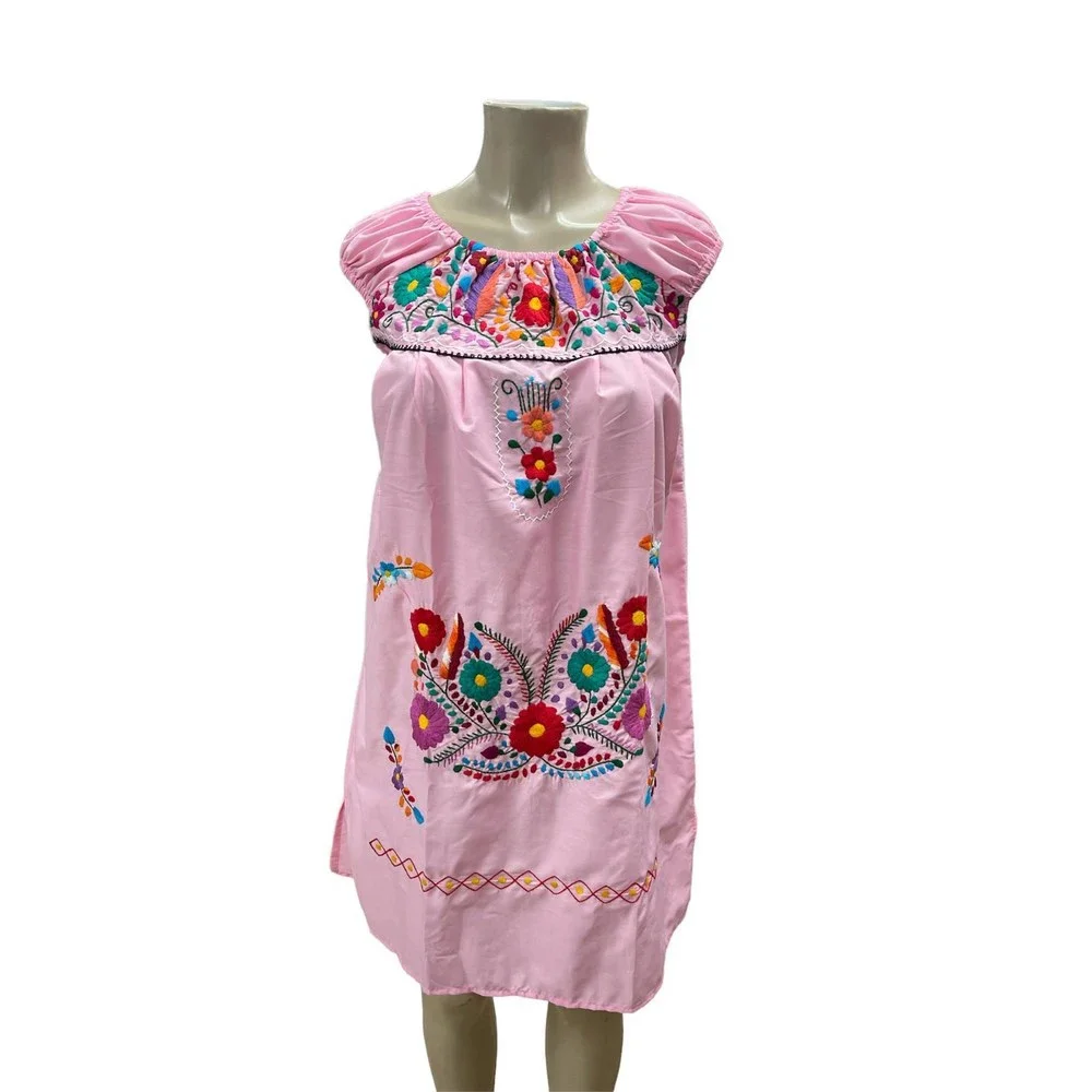 Mexican Floral Embroidered Off the Shoulder Dress Evelia Pink - Picture 2 of 5